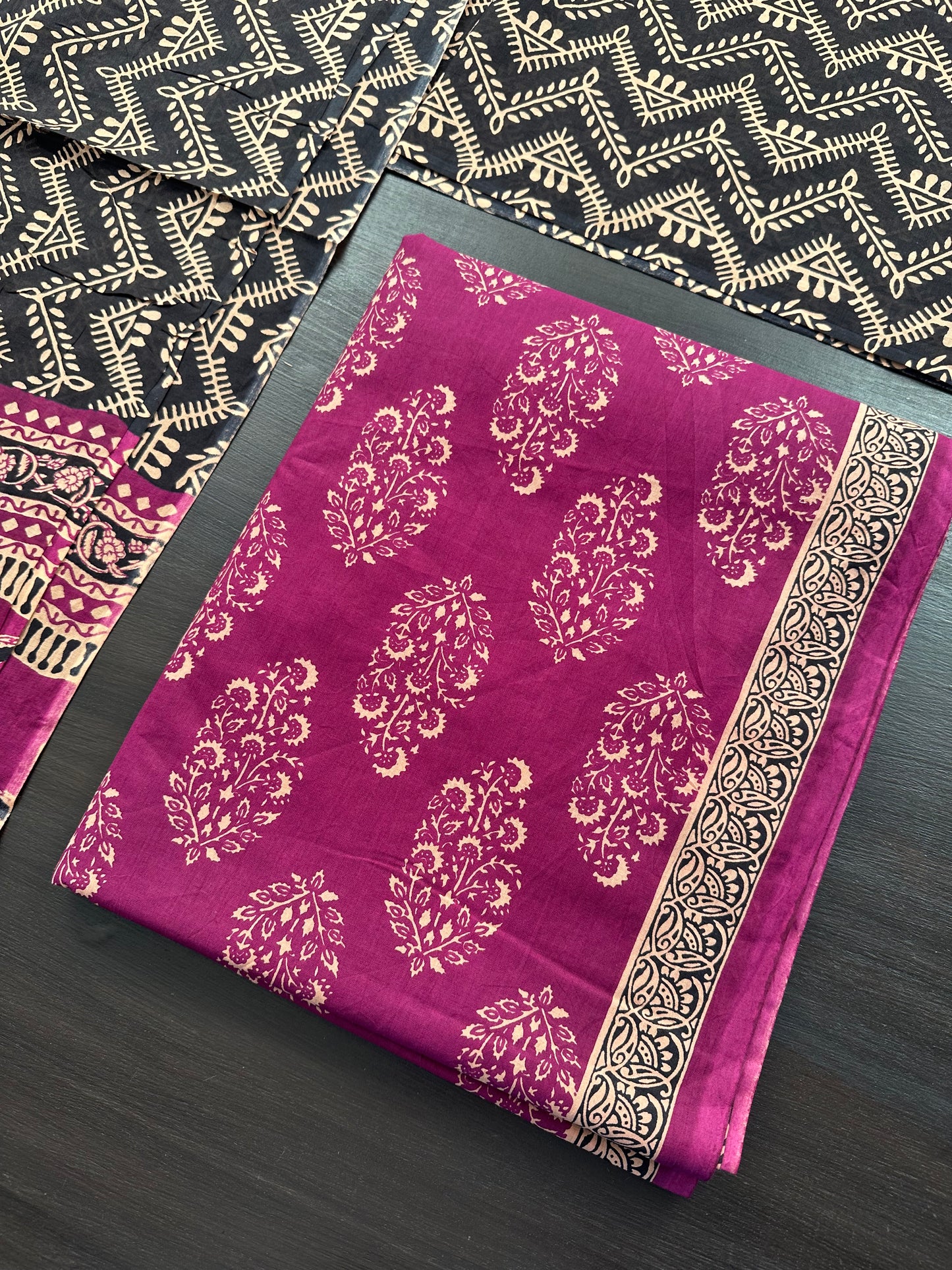 Magenta Block Printed Pure Cotton Suit