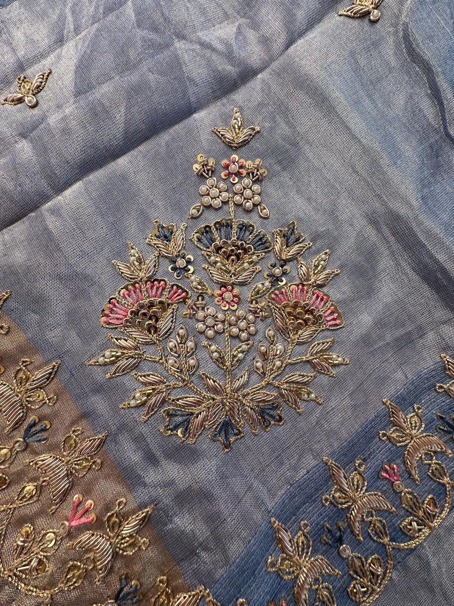Blue Tissue Silk Saree With  Zardozi Work