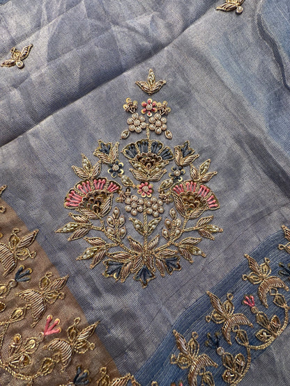 Blue Tissue Silk Saree With  Zardozi Work