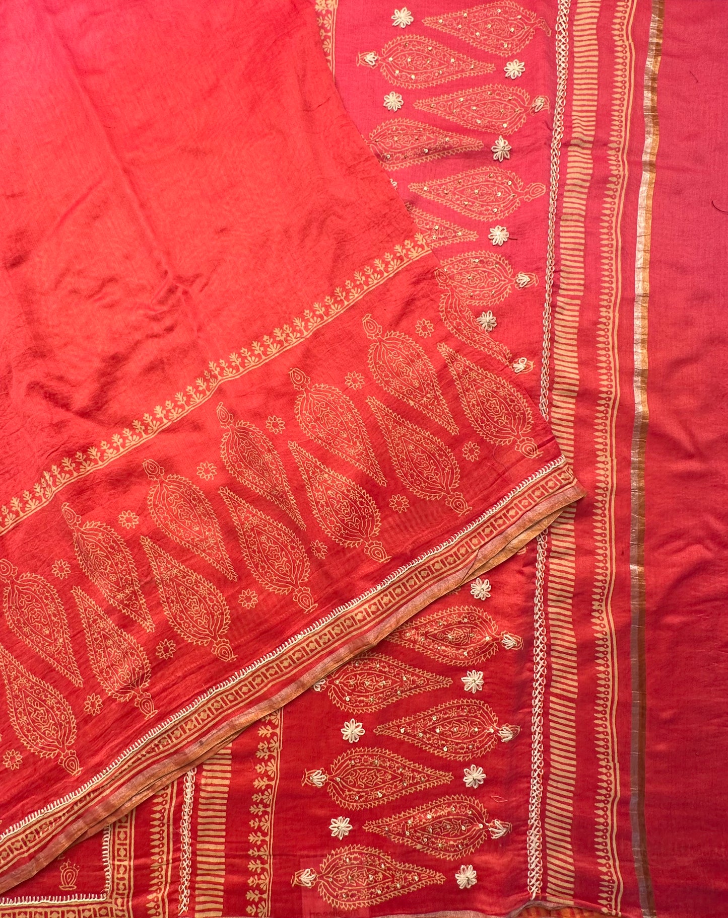 Coral Pink-Rani Block Print Chanderi Saree With Kaantha Stitch