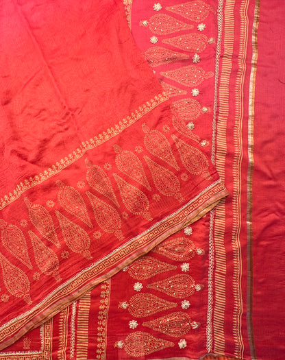 Coral Pink-Rani Block Print Chanderi Saree With Kaantha Stitch