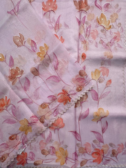 Mauve Floral Print Organza Saree