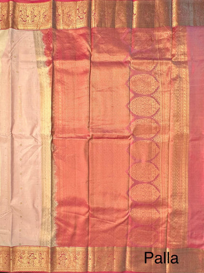 Cream-Dusky Pink Pondicherry Pure Silk Saree