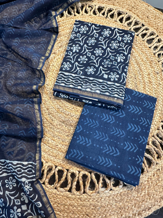 Indigo Block Print Chanderi Suit