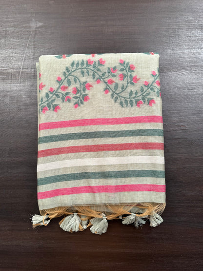 Pista Green Floral Blended Cotton Saree