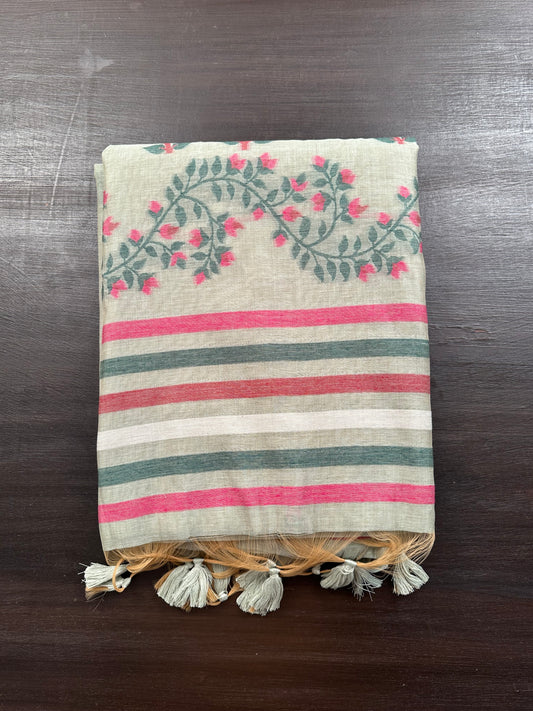 Pista Green Floral Blended Cotton Saree