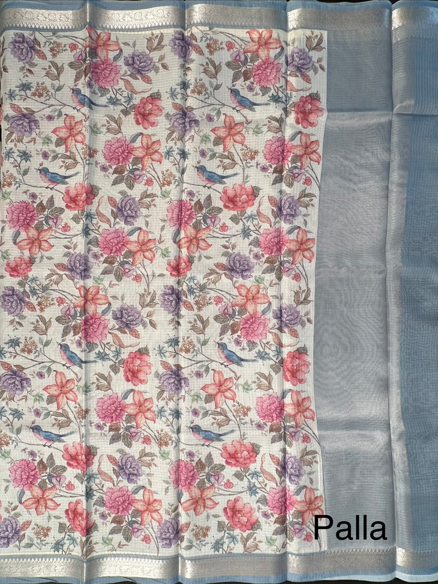 Off White-Grey Floral Kota Doria Saree
