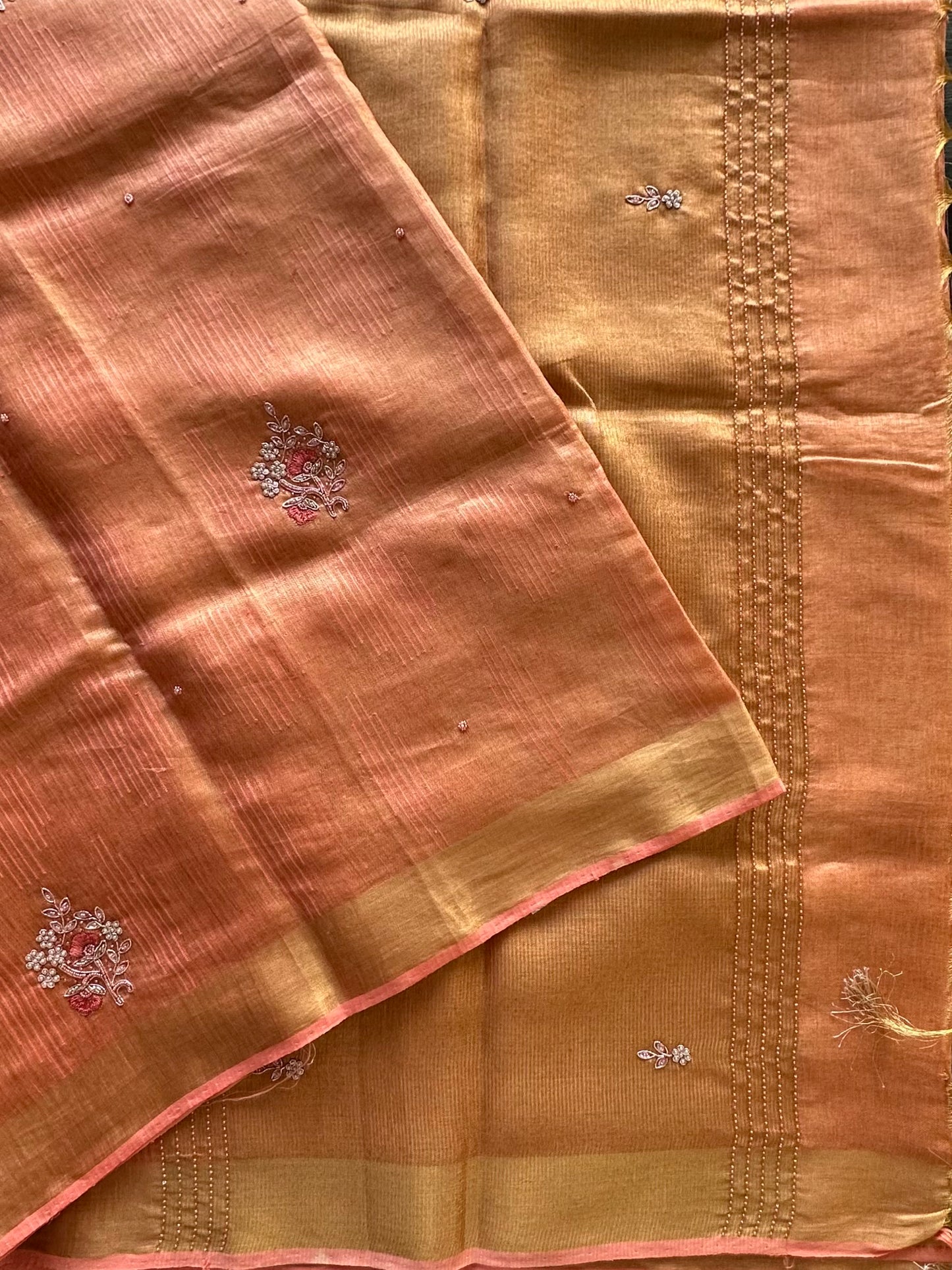 Peach Fancy Linen Tissue Saree with Handwork