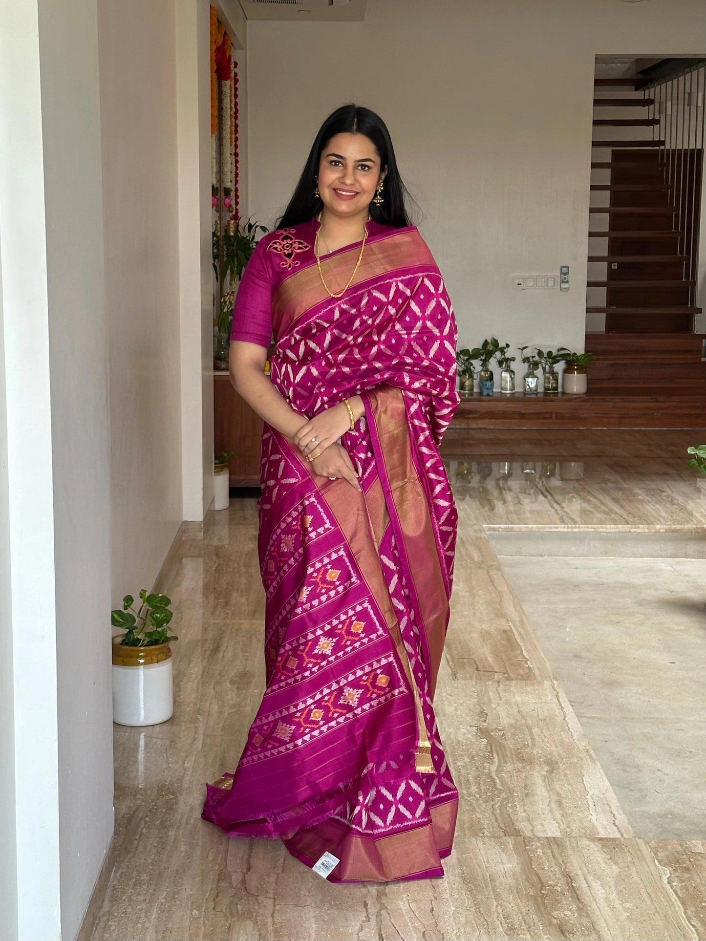 Magenta Ikkat Patola Handloom Silk Saree