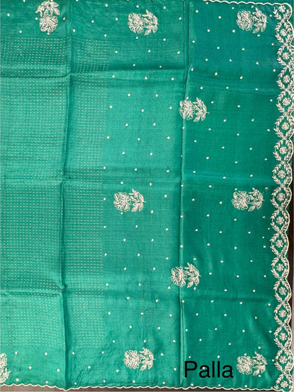 Bottle Green Aari Work Pure Tussar Silk Saree