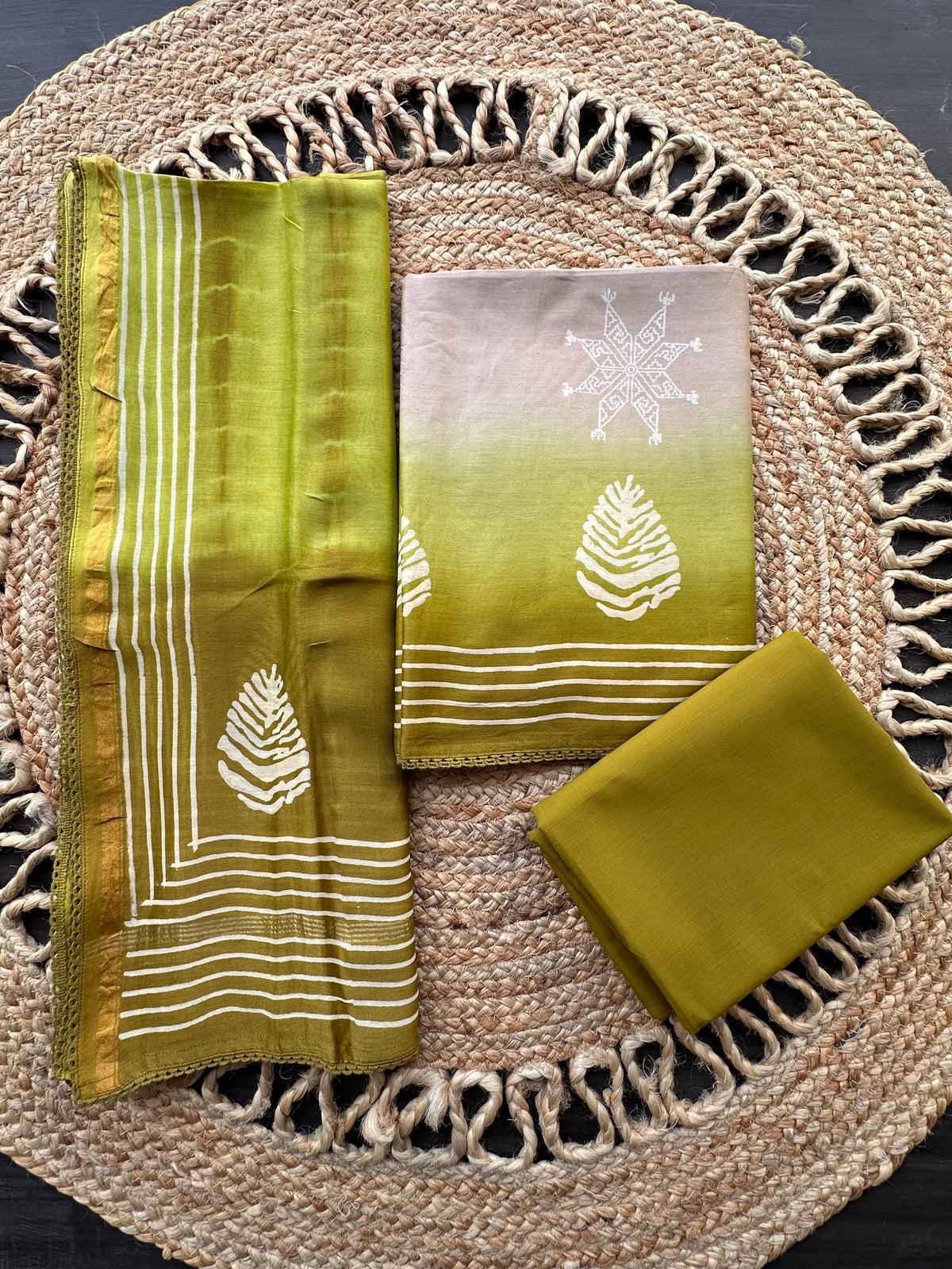 Beige-Mehendi Green Akanksha Chanderi 3-Piece Unstitched Suit