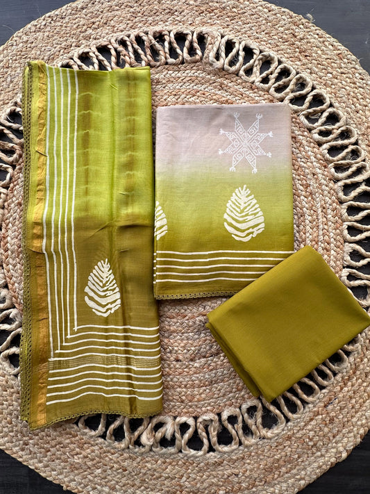 Beige-Mehendi Green Akanksha Chanderi 3-Piece Unstitched Suit
