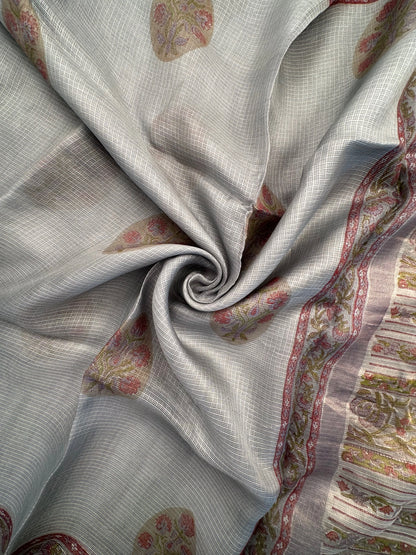 Grey Hand Block-Print Pure Kota Doria Silk Saree