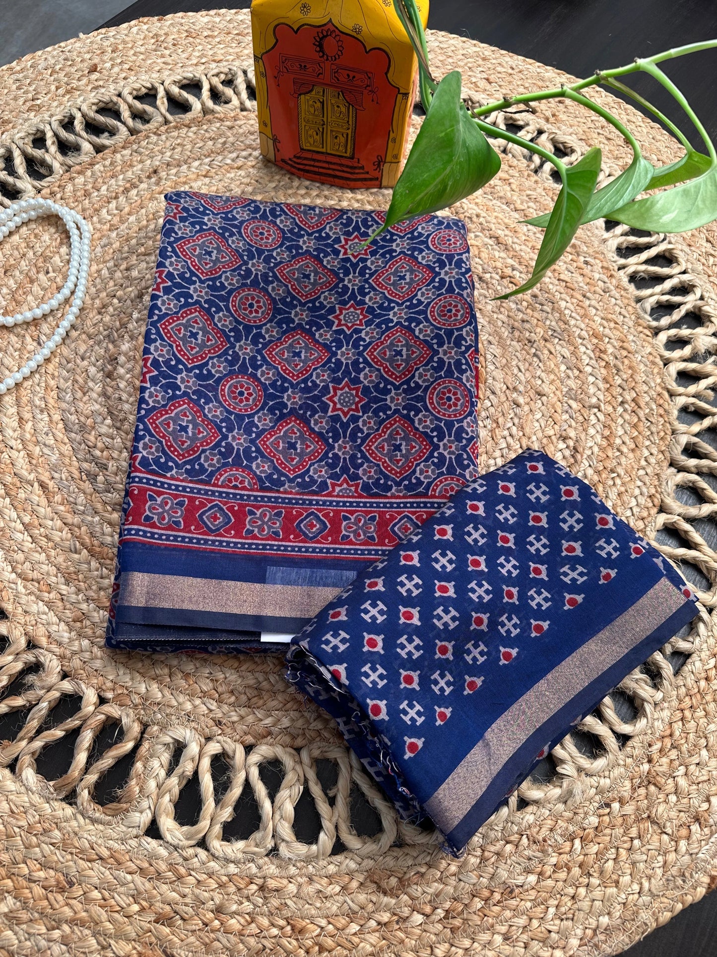 Navy Blue Ajrakh Print Cotton Blend Saree