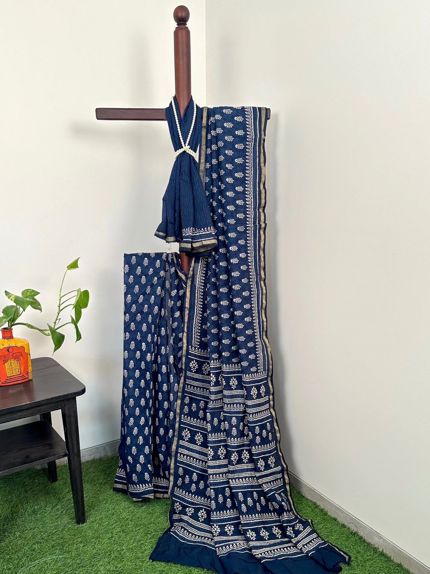 Indigo Blue Printed Cotton Blend Saree
