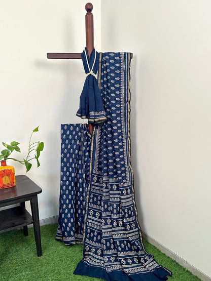 Indigo Blue Printed Cotton Blend Saree
