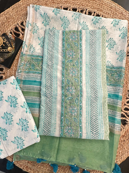 Off White-Pista Hand Block Printed Chanderi 3-Piece Unstitched Suit with Aari Work