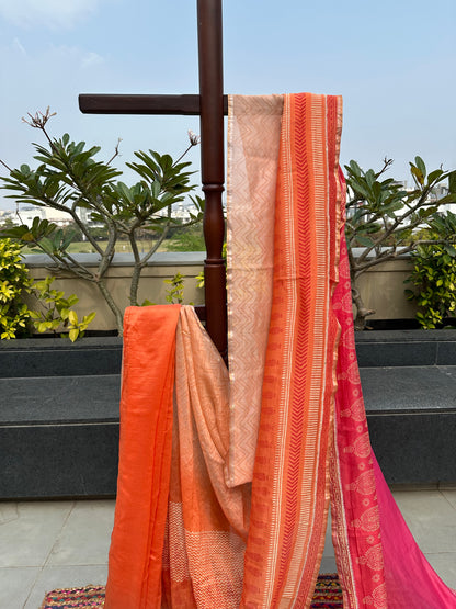 Coral Pink-Rani Block Print Chanderi Saree With Kaantha Stitch