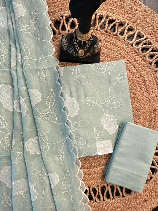 Pista Green Cotton Chanderi 3-Piece Unstitched Suit