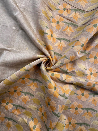 Beige-Yellow Floral Weave Fancy Cotton Saree