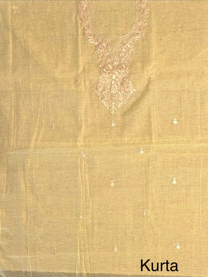 Yellow 4-Piece Kota Doria Cotton Unstitched Suit