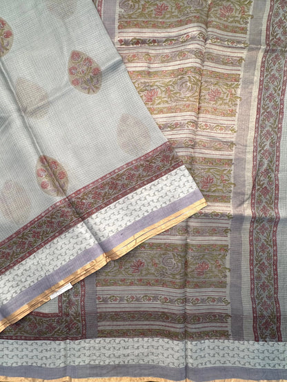 Grey Hand Block-Print Pure Kota Doria Silk Saree