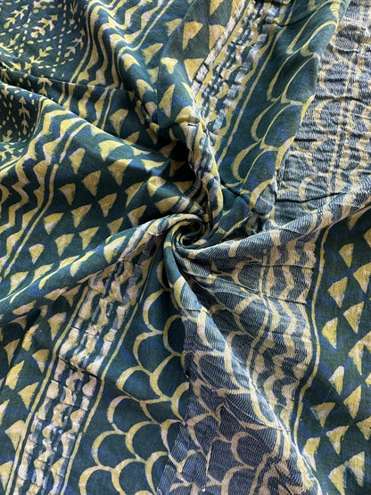 Peacock Blue Hand Block Print Linen Saree