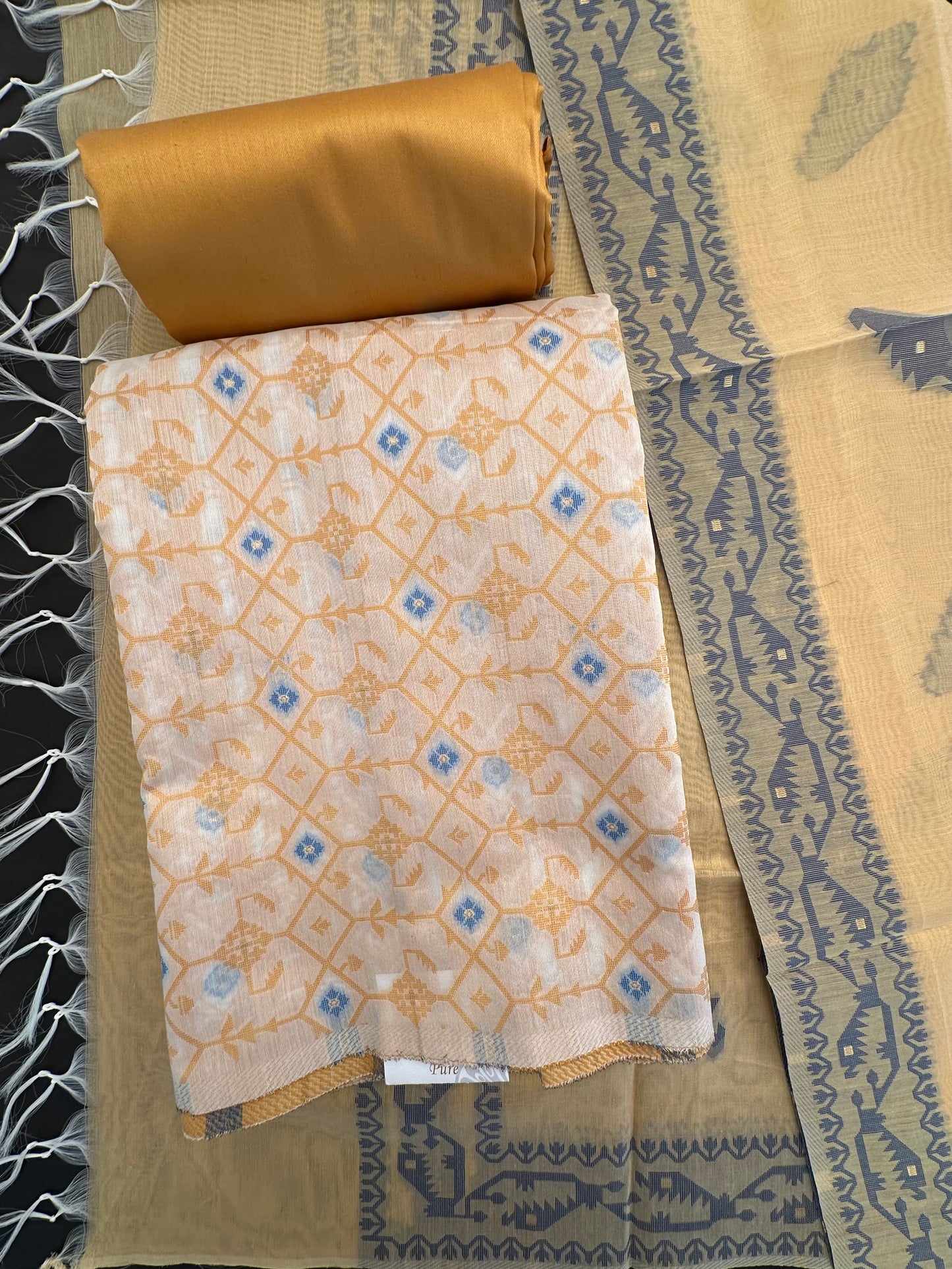Yellow Jacquard Unstitched Cotton Suit