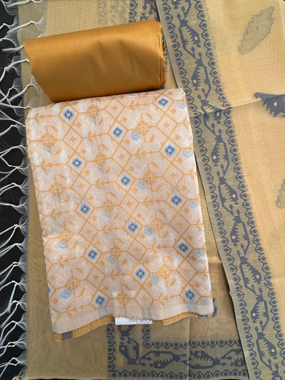 Yellow Jacquard Unstitched Cotton Suit