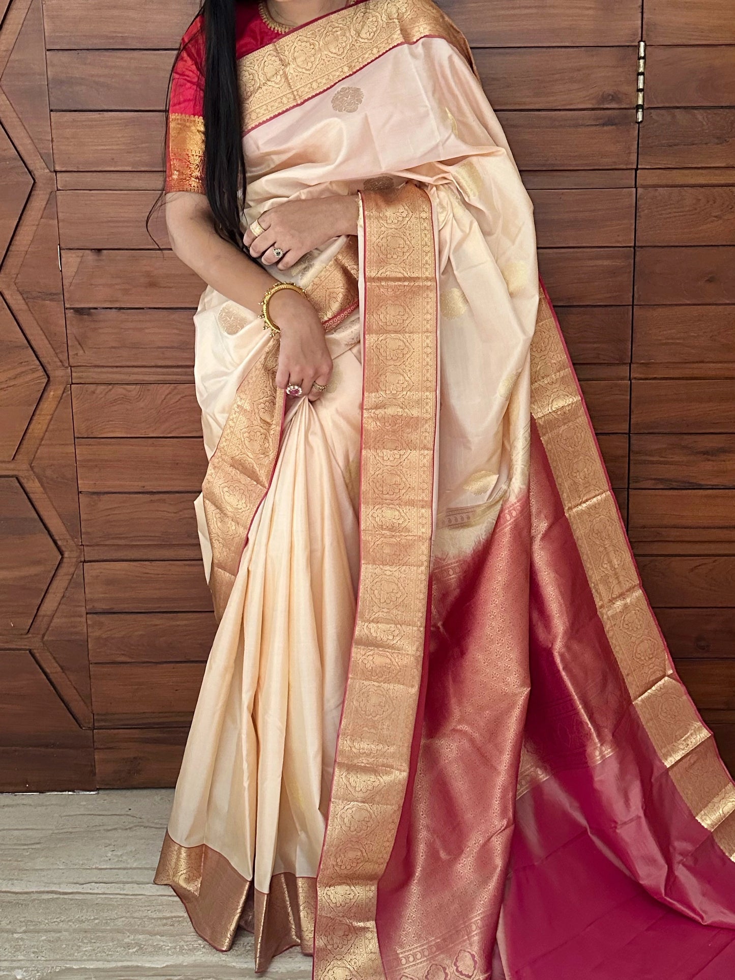 Cream Pondicherry Handloom Pure Silk Saree