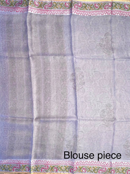 Blue Hand Block-Print Pure Kota Doria Silk Saree