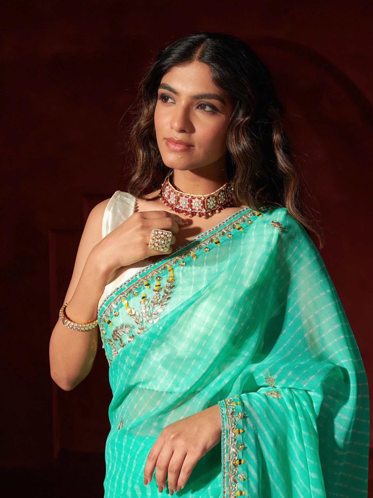 Sea Green Chatai Motra Georgette Saree With Gota Patti Work