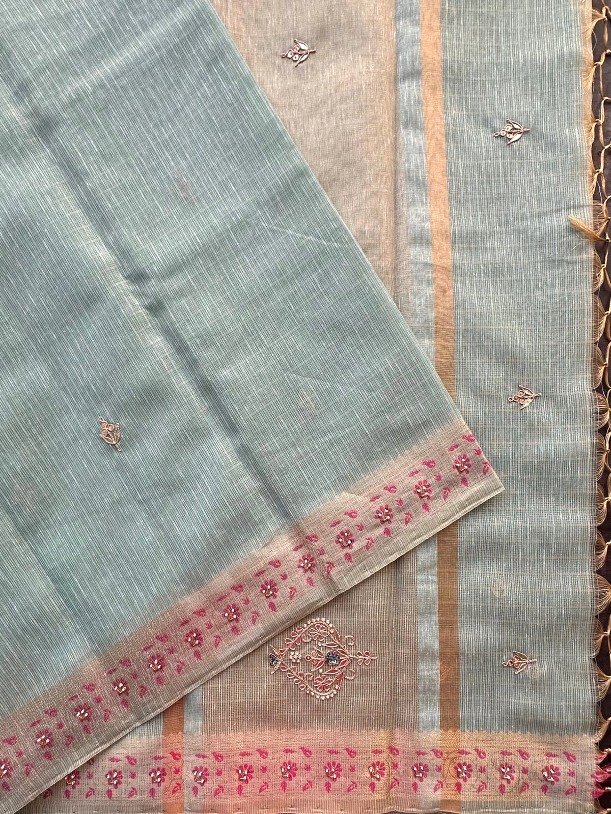 Sea Green Fancy Zari Cotton Saree With Hand Work