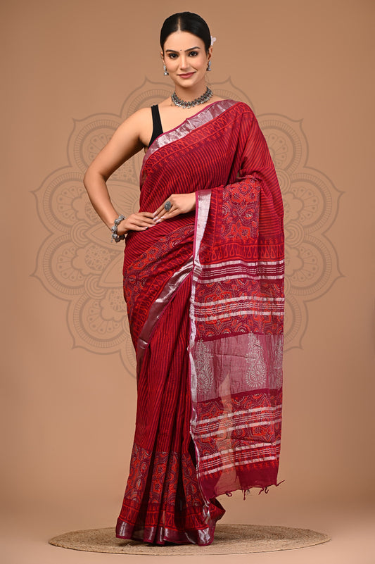 Maroon Hand Block Printed Linen Saree