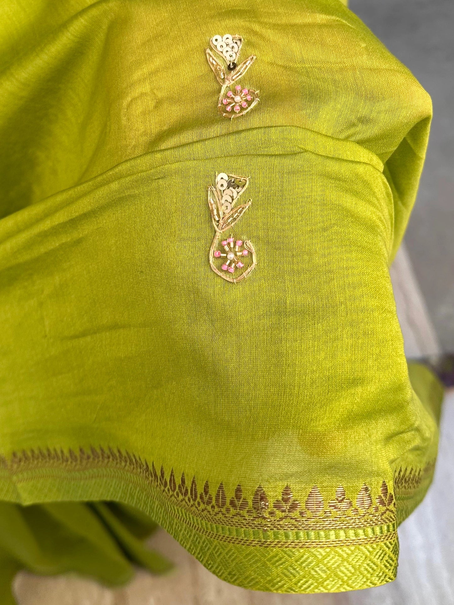 Green Drishti Chanderi Saree With Hand Work