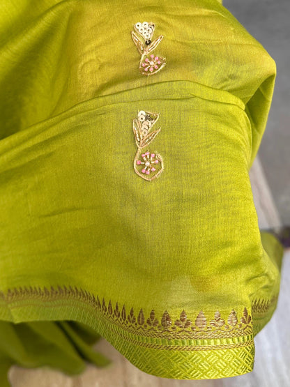 Green Drishti Chanderi Saree With Hand Work