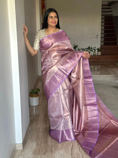 Lilac Handloom Jamawar Pure Tissue Silk Saree