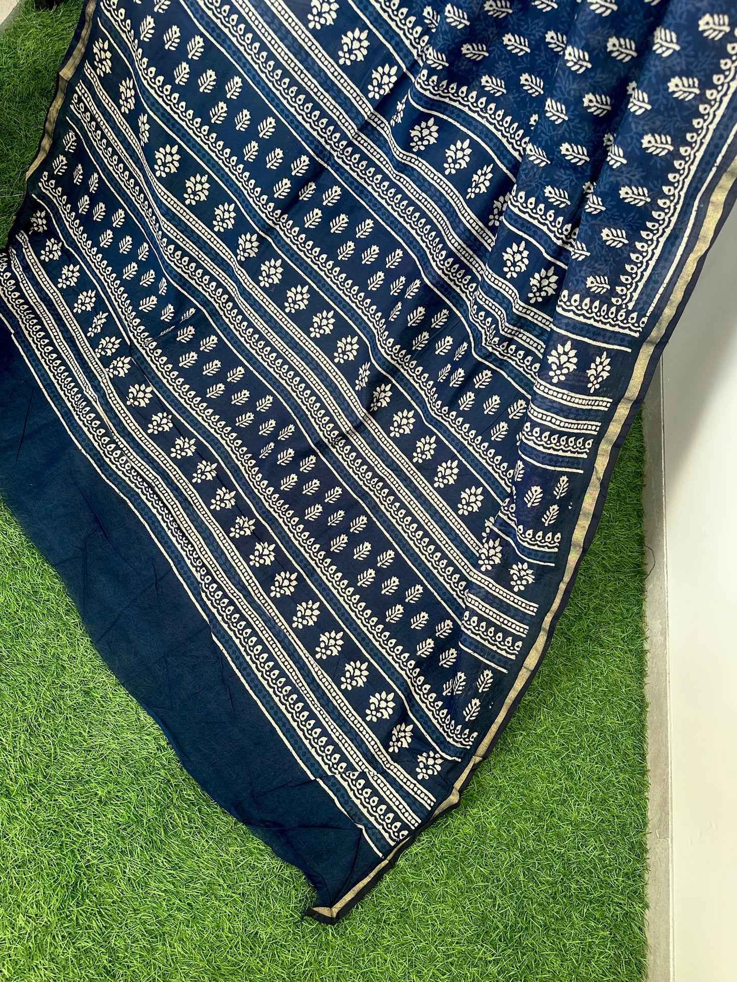 Indigo Blue Printed Cotton Blend Saree