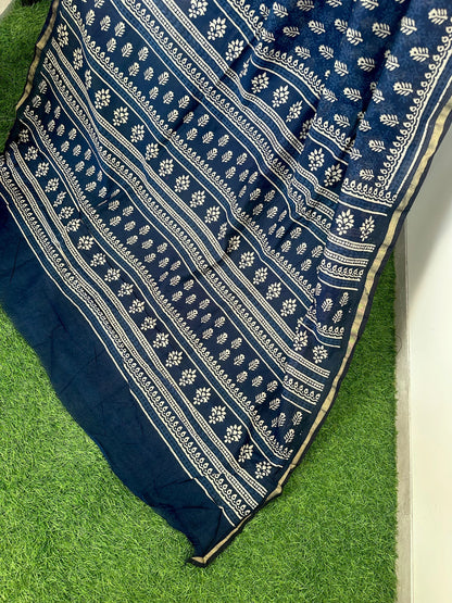 Indigo Blue Printed Cotton Blend Saree