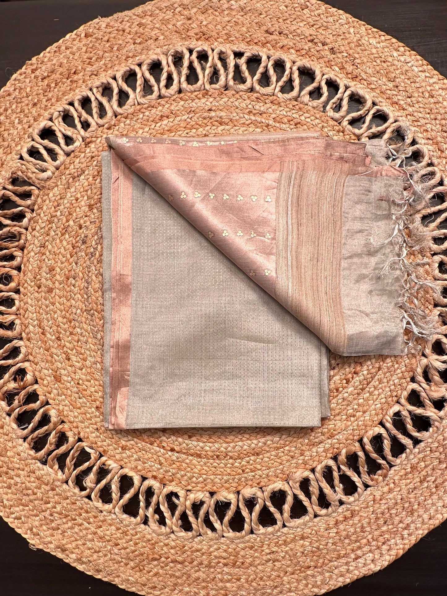 Silver-Light Rose Gold Emboss Tissue Saree