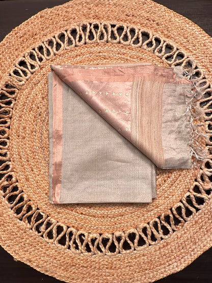 Silver-Light Rose Gold Emboss Tissue Saree