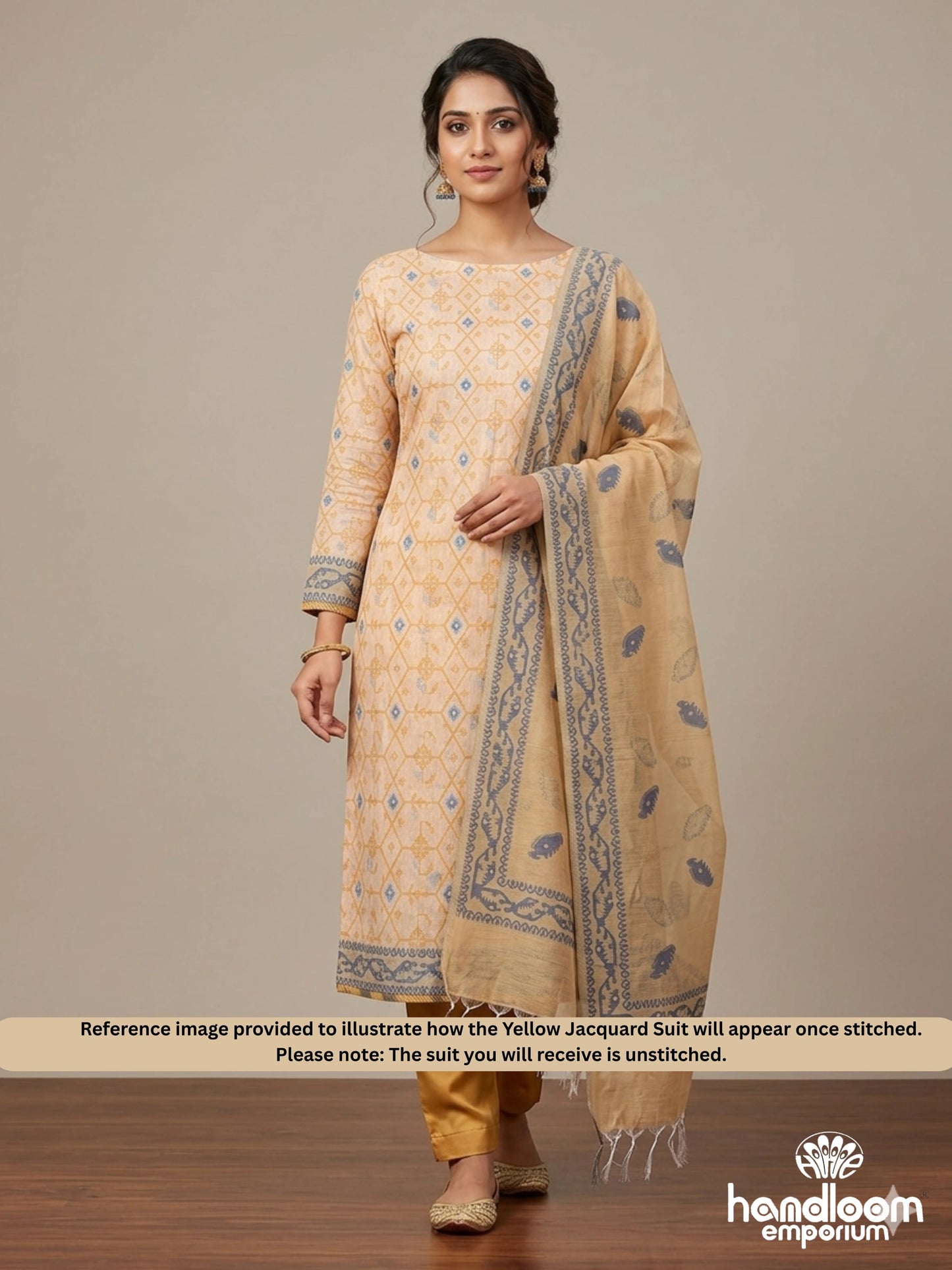 Yellow Jacquard Unstitched Cotton Suit