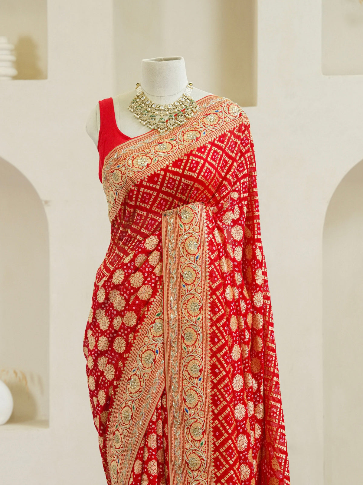 Red Pure Georgette Gharchola Bandhej With Hand Work Saree