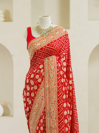 Red Pure Georgette Gharchola Bandhej With Hand Work Saree