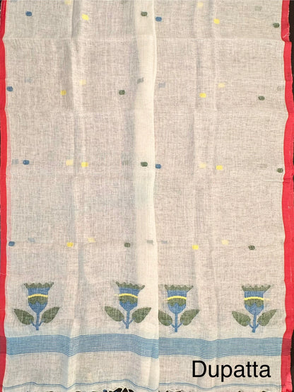 Off White Linen Dhakai 2 Piece Kurta Dupatta Unstitched Set