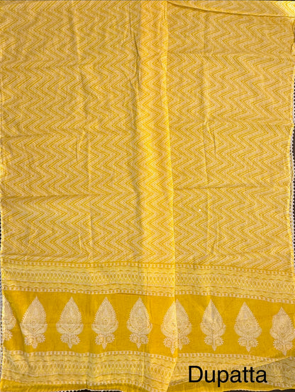 Off White-Yellow Jaipuri Necktie Cotton 3-Piece Suit