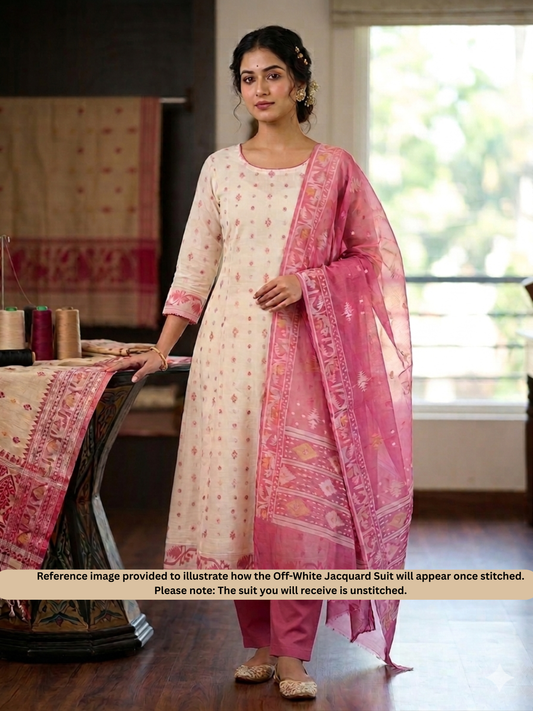 Off White-Pink Jacquard Chanderi Unstitched Suit