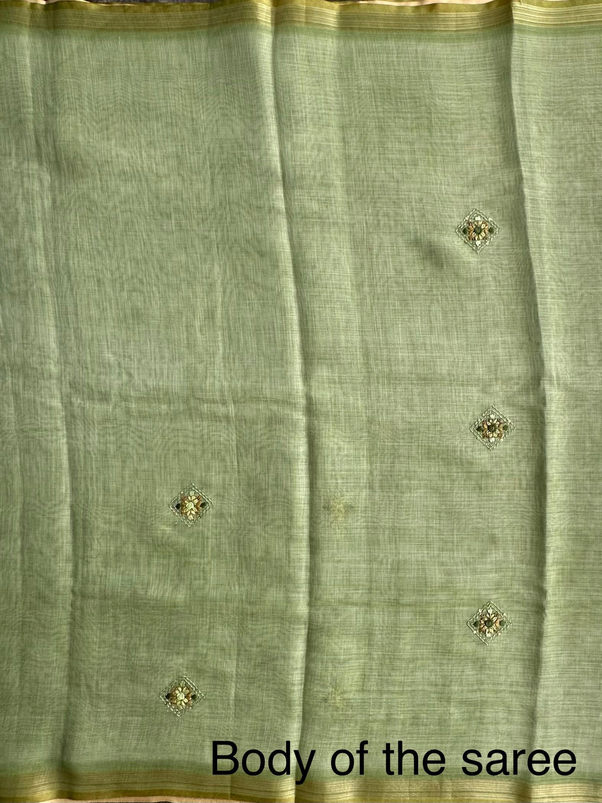 Green Blended Cotton Saree with Hand Embroidery