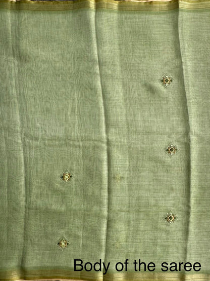 Green Blended Cotton Saree with Hand Embroidery