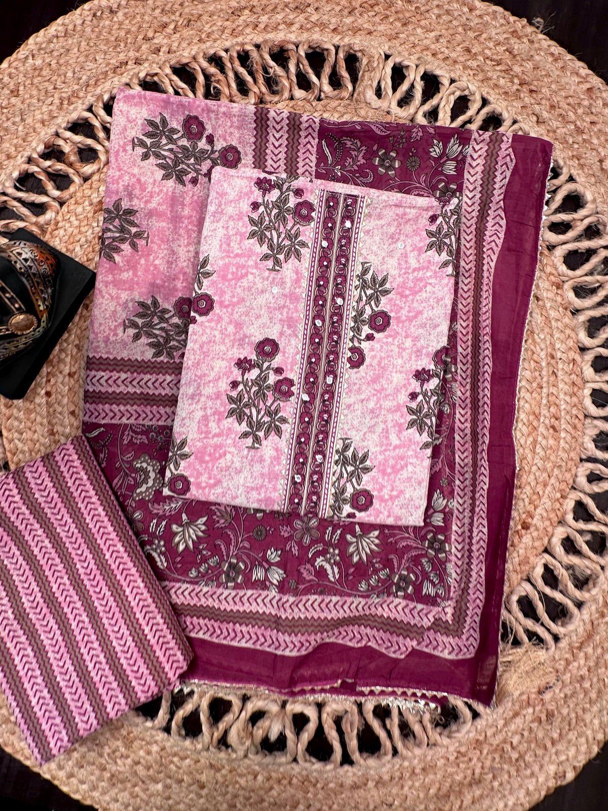 Pink Jaipuri Necktie Cotton 3-Piece Suit